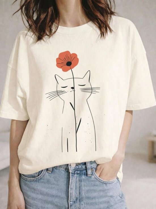 Other - Minimalist Cat Flower Shirt Cute Cat Lover Gift for Her Floral Line Art Tee